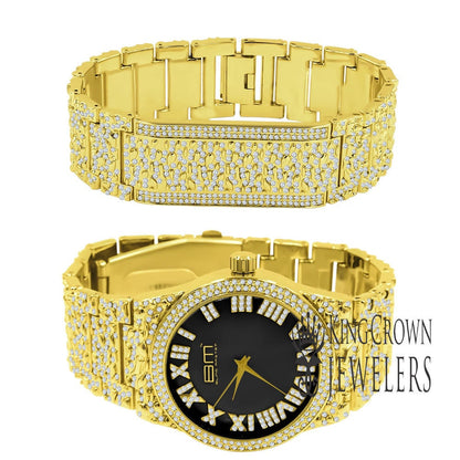 Black Onyx Dial Men Custom Nugget Watch Bracelet Set Simulated Diamond Analog 43mm