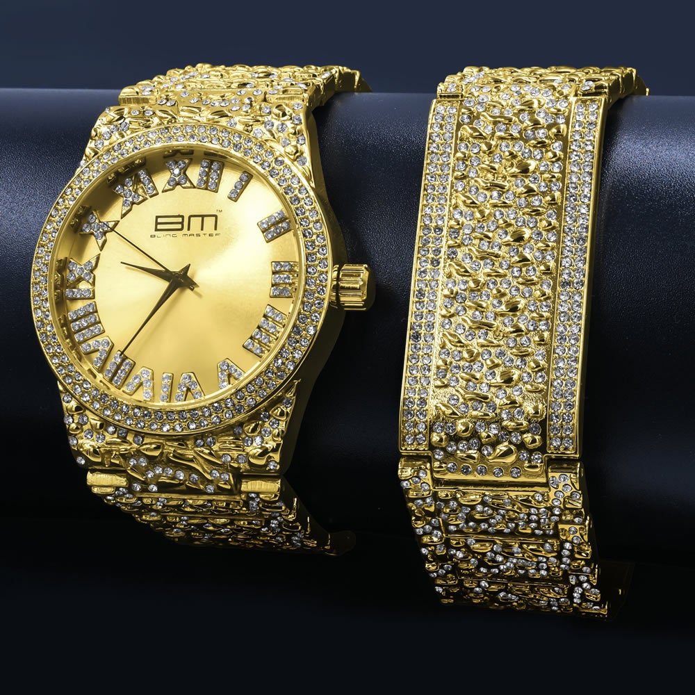 Gold Dial Men Custom Nugget Watch Bracelet Set Simulated Diamond Analog 43mm