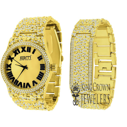 2 Tone Dial Men Custom Nugget Style Watch Bracelet Set Simulated Diamond Analog 43mm