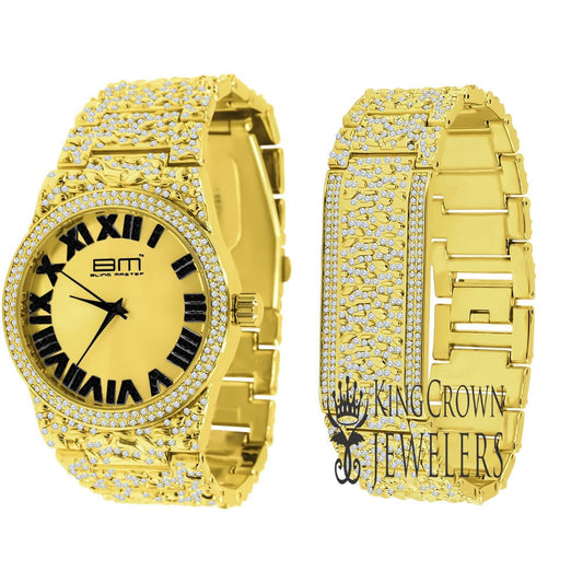 2 Tone Dial Men Custom Nugget Style Watch Bracelet Set Simulated Diamond Analog 43mm