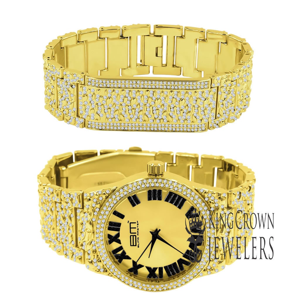 2 Tone Dial Men Custom Nugget Style Watch Bracelet Set Simulated Diamond Analog 43mm