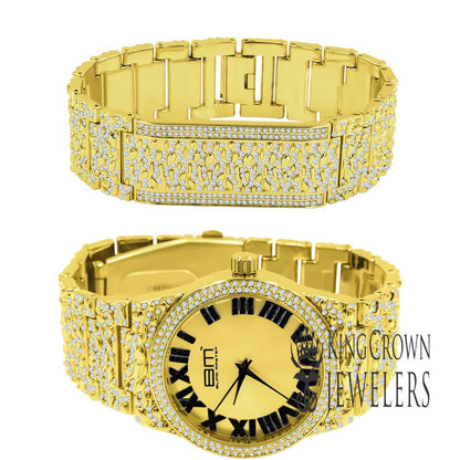 2 Tone Dial Men Custom Nugget Style Watch Bracelet Set Simulated Diamond Analog 43mm