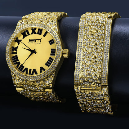 2 Tone Dial Men Custom Nugget Style Watch Bracelet Set Simulated Diamond Analog 43mm