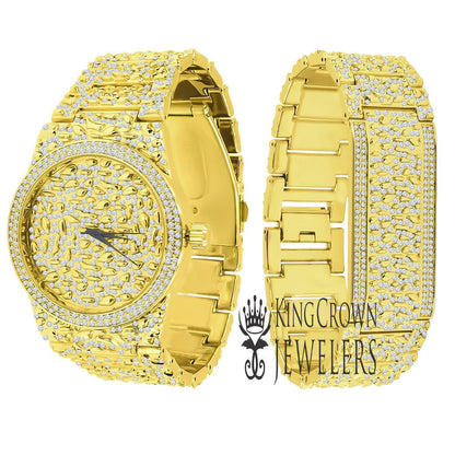 Full Iced Out Dial Men Custom Nugget Watch Bracelet Set Simulated Diamond Analog 43mm