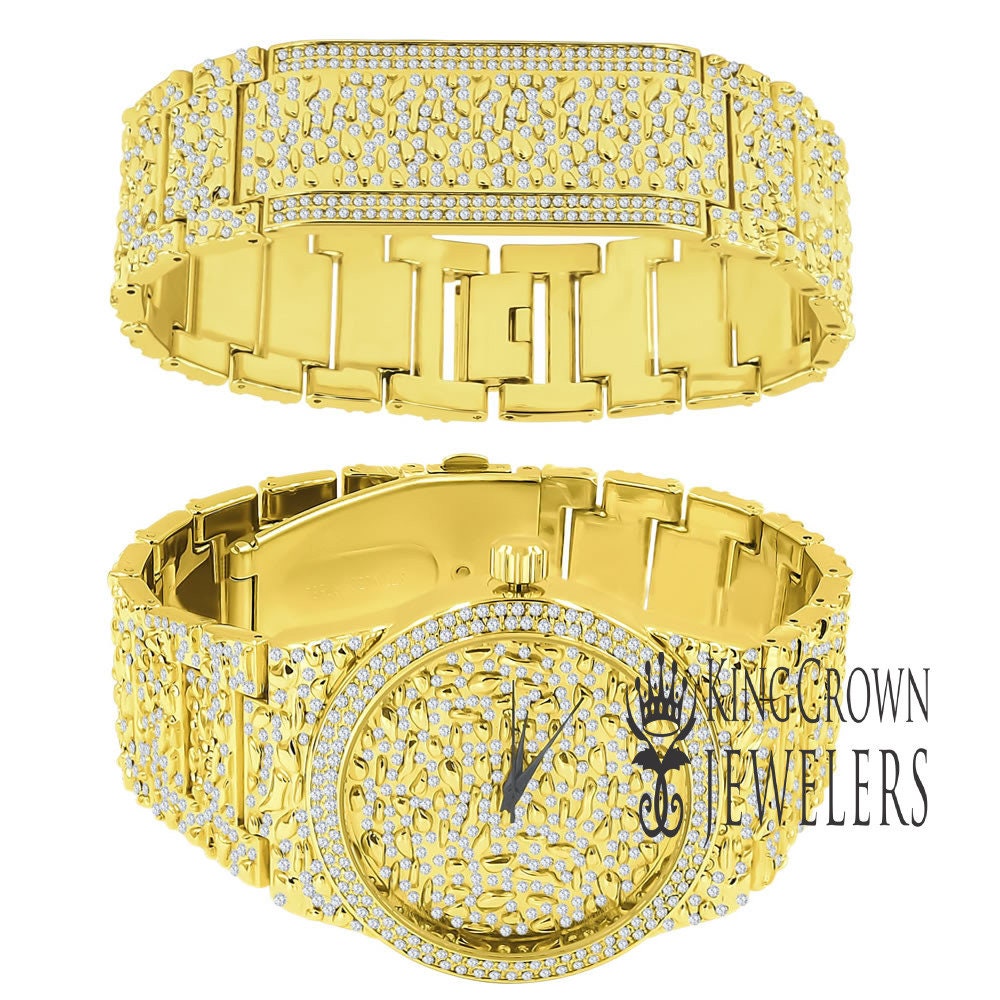 Full Iced Out Dial Men Custom Nugget Watch Bracelet Set Simulated Diamond Analog 43mm
