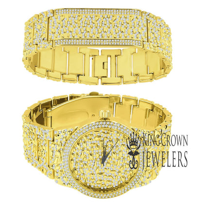 Full Iced Out Dial Men Custom Nugget Watch Bracelet Set Simulated Diamond Analog 43mm