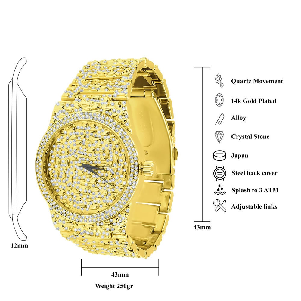 Full Iced Out Dial Men Custom Nugget Watch Bracelet Set Simulated Diamond Analog 43mm