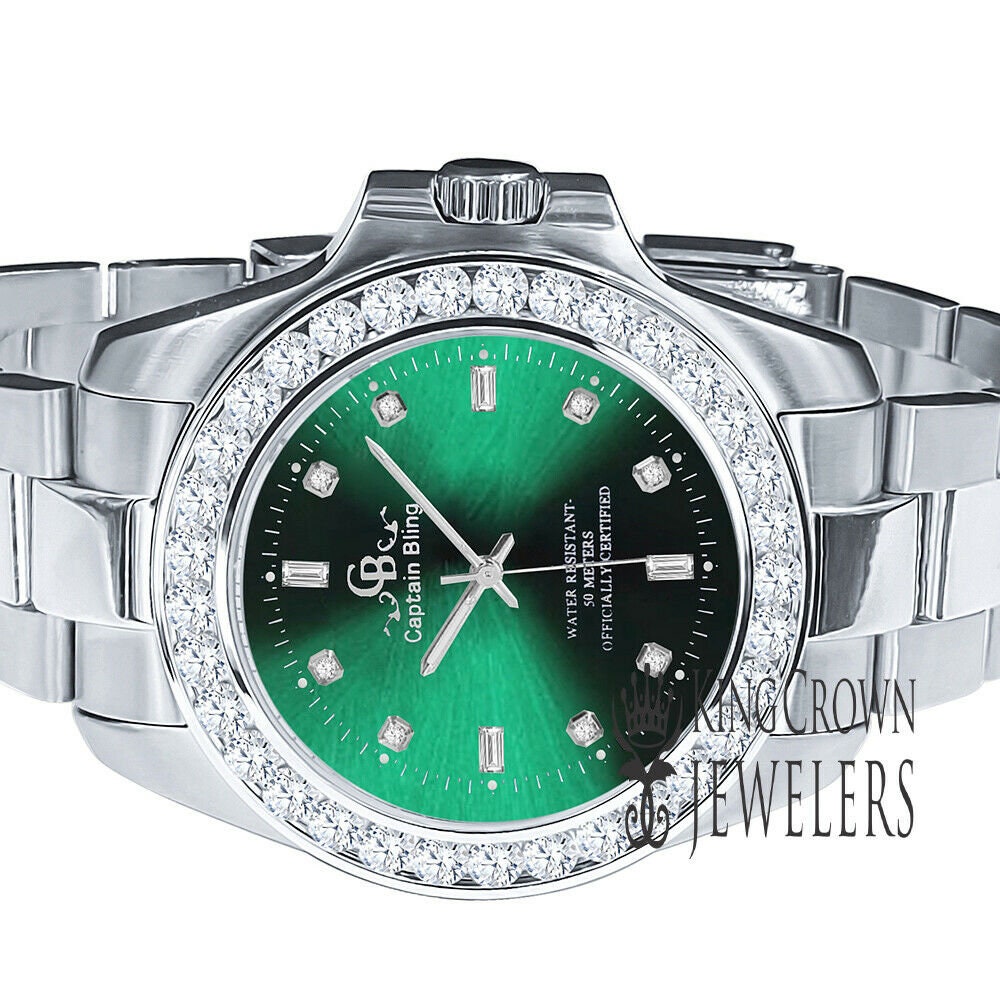 Mens Solid Stainless Steel Green Dial Simulated Diamonds 18K White Gold Tone Presidential Watch 44mm