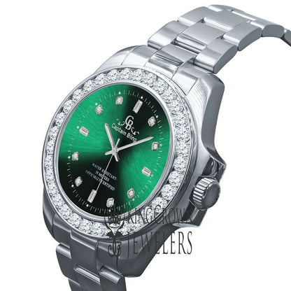 Mens Solid Stainless Steel Green Dial Simulated Diamonds 18K White Gold Tone Presidential Watch 44mm