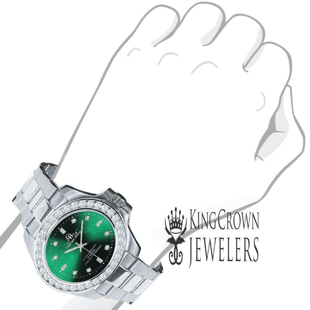 Mens Solid Stainless Steel Green Dial Simulated Diamonds 18K White Gold Tone Presidential Watch 44mm