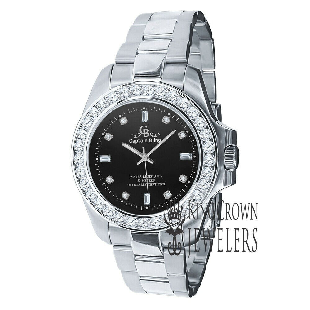 Solid Solid Steel Black Dial Simulated Diamonds 18K White Gold Finish Mens Watch 42mm