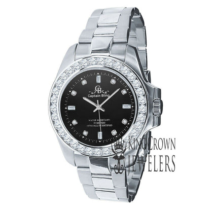 Solid Solid Steel Black Dial Simulated Diamonds 18K White Gold Finish Mens Watch 42mm
