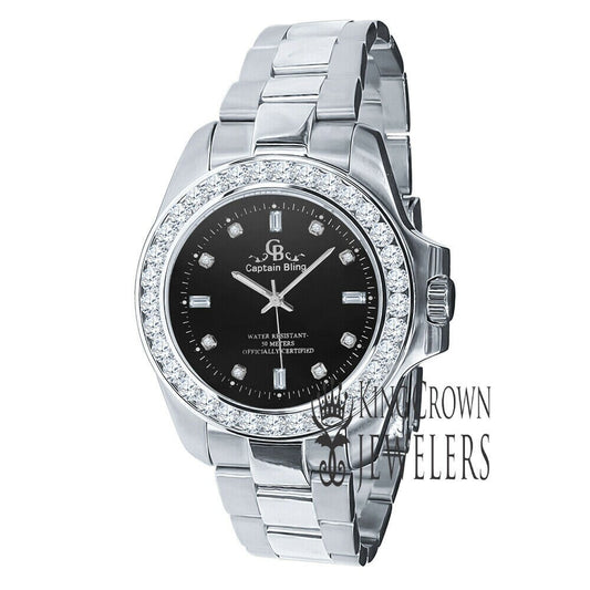 Solid Solid Steel Black Dial Simulated Diamonds 18K White Gold Finish Mens Watch 42mm