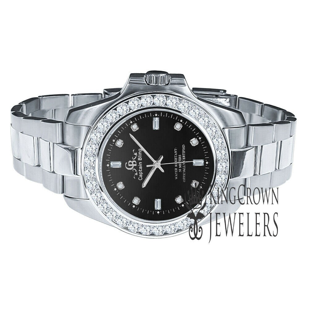 Solid Solid Steel Black Dial Simulated Diamonds 18K White Gold Finish Mens Watch 42mm