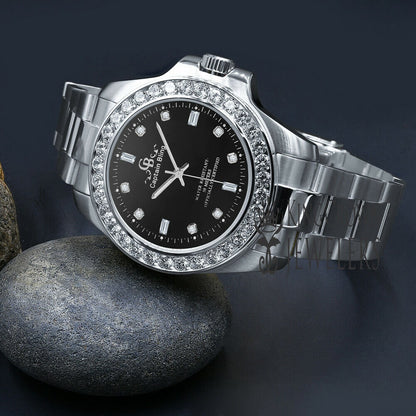 Solid Solid Steel Black Dial Simulated Diamonds 18K White Gold Finish Mens Watch 42mm