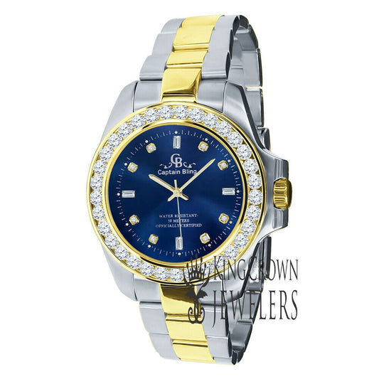 2 Tone Mens Solid Stainless Steel Blue Dial Simulated Diamonds 18K Gold Finish Watch 42mm