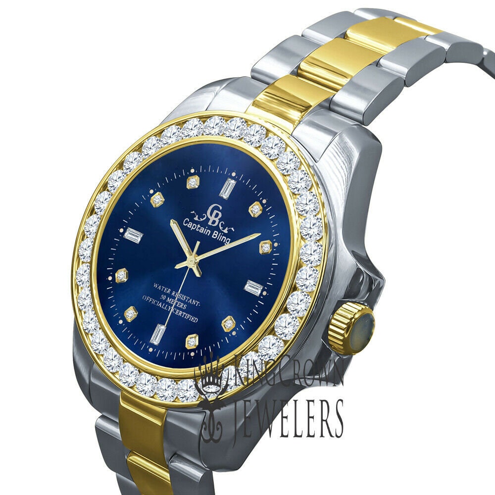 2 Tone Mens Solid Stainless Steel Blue Dial Simulated Diamonds 18K Gold Finish Watch 42mm
