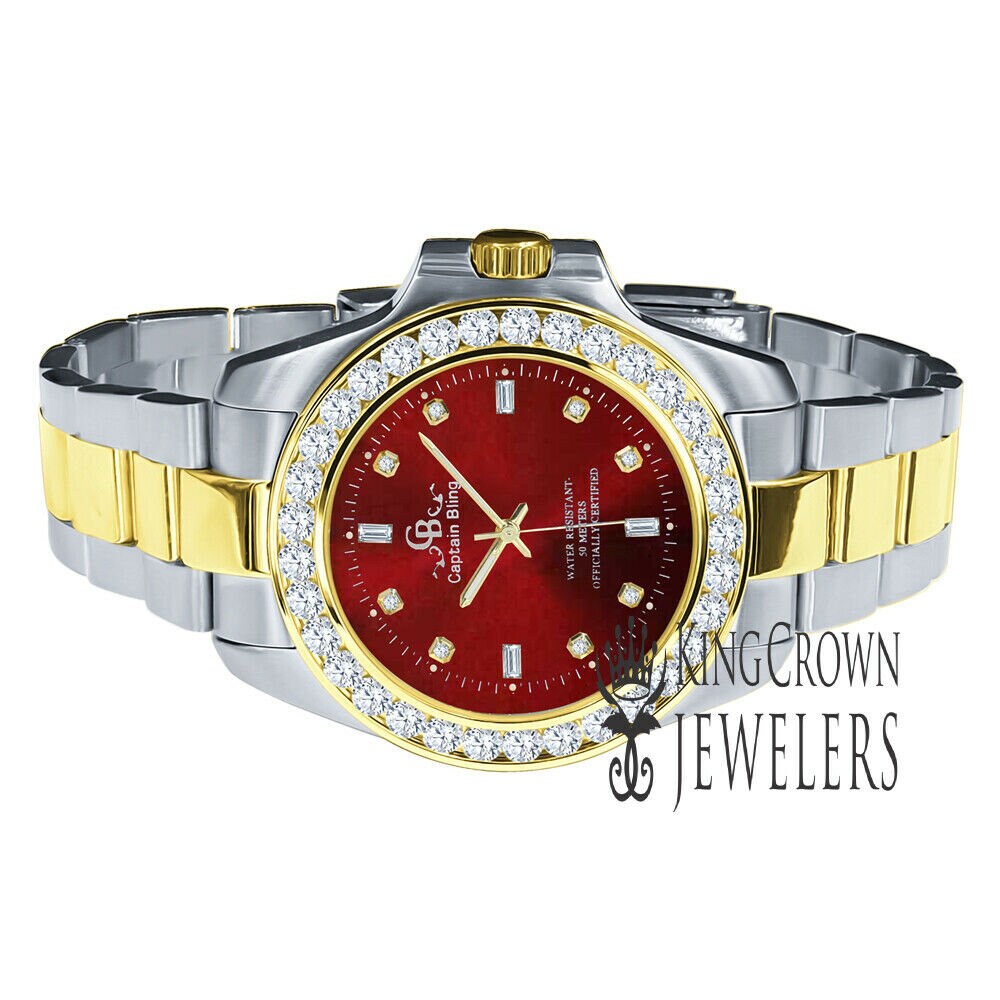 Mens Solid Stainless Steel 2 Tone Ruby Red Dial Simulated Diamonds 18K Gold Tone Presidential Watch 42mm