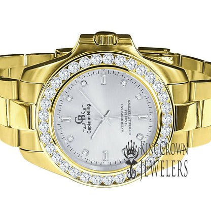 Stainless Steel Simulated Diamonds 18K Gold Finish Mens Presidential Watch 42mm