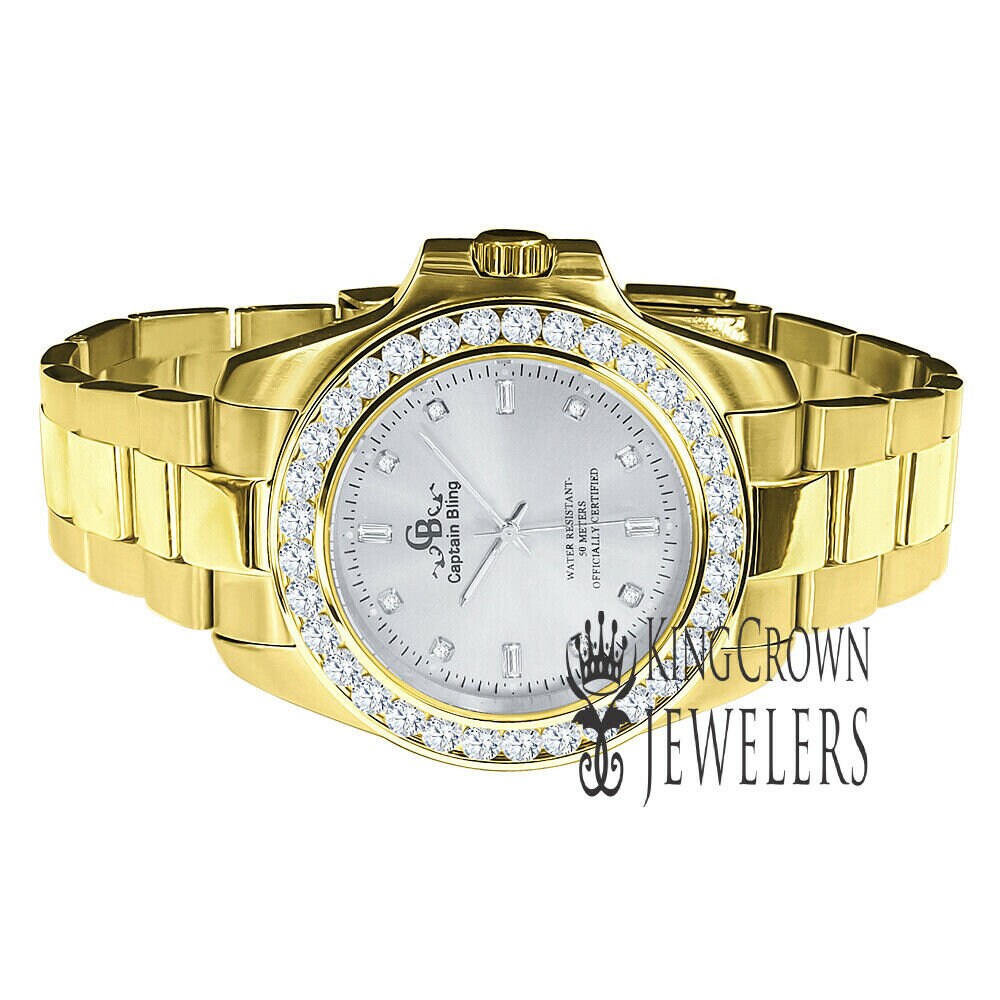 Stainless Steel Simulated Diamonds 18K Gold Finish Mens Presidential Watch 42mm