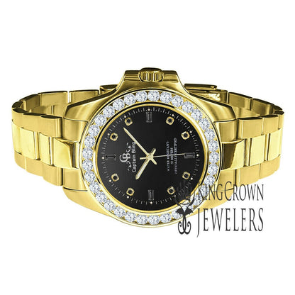 Black Onyx Dial All Stainless Steel Simulated Diamonds Gold Tone Mens Watch 42mm
