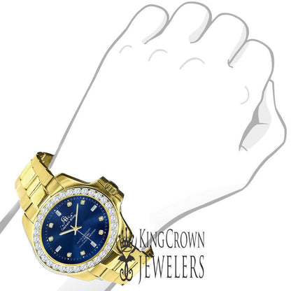 Blue Dial Stainless Steel Simulated Diamonds 18K Yellow Gold Finish Mens solitaire watch 42mm