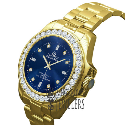 Blue Dial Stainless Steel Simulated Diamonds 18K Yellow Gold Finish Mens solitaire watch 42mm