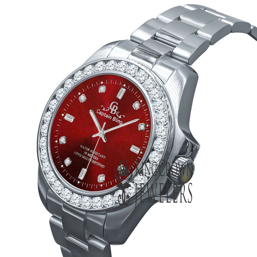 18K White Gold Solid Steel Simulated Diamond Red Dial Presidential solitaire Watch 42mm
