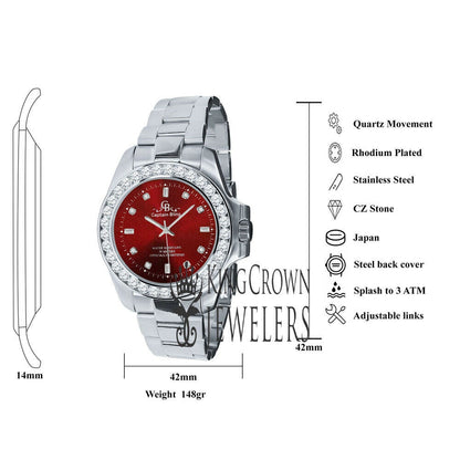 18K White Gold Solid Steel Simulated Diamond Red Dial Presidential solitaire Watch 42mm