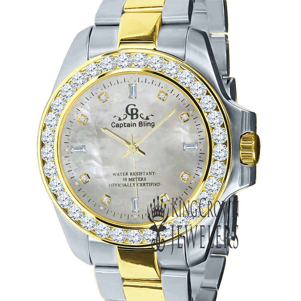 Mother Of Pearl Dial 2 Tone Solid Stainless Steel Simulated Diamonds 18K Gold Finish Solitaire watch