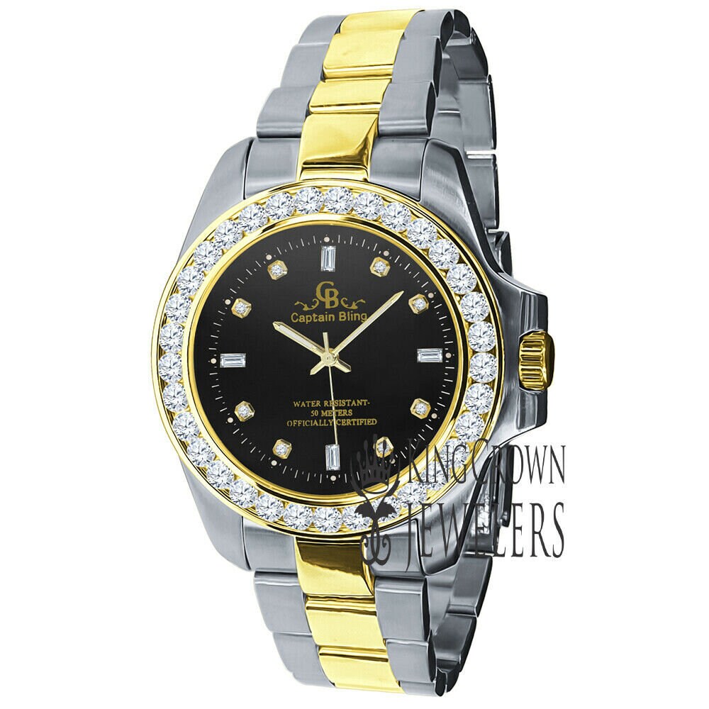 18K White Gold Solid Stainless Steel Simulated Diamond Black Dial Presidential Watch 42mm