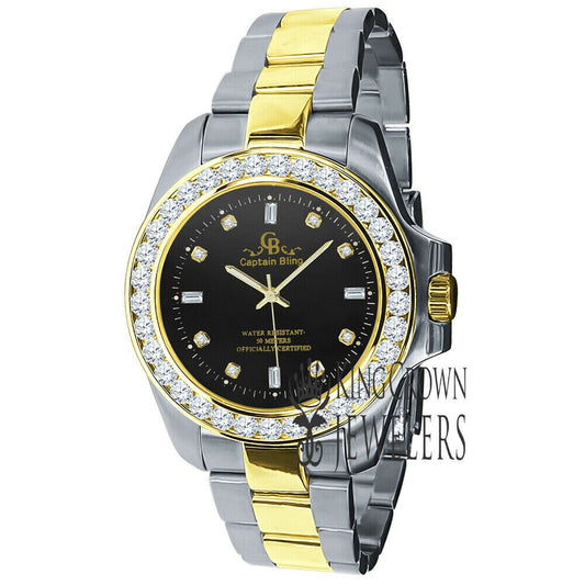 18K White Gold Solid Stainless Steel Simulated Diamond Black Dial Presidential Watch 42mm