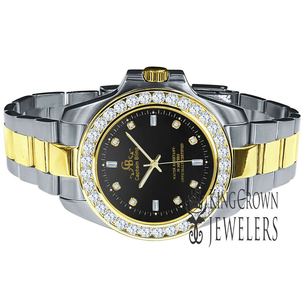 18K White Gold Solid Stainless Steel Simulated Diamond Black Dial Presidential Watch 42mm