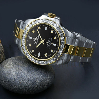 18K White Gold Solid Stainless Steel Simulated Diamond Black Dial Presidential Watch 42mm