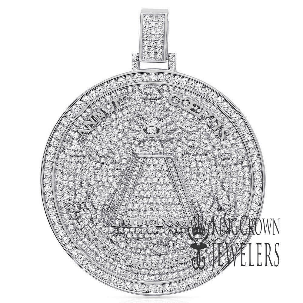 Exclusive Custom Piece Big 3.15'' 14K White Gold On Real Sterling Silver Annuit cœptis Pendant Medallion Charm