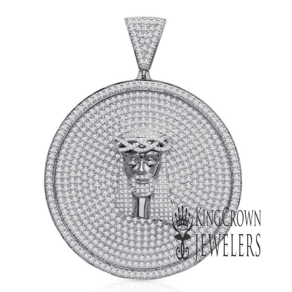 Mens Big 3'' Real White Gold Sterling Silver Jesus Piece Face Religious Pendant Simulated Diamond Custom Medallion