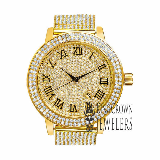 Roman Numeral Dail Mens Custom Watch JoJino/Joe Rodeo Yellow Gold Tone Simulated Diamond 10 Row Iced Out Band