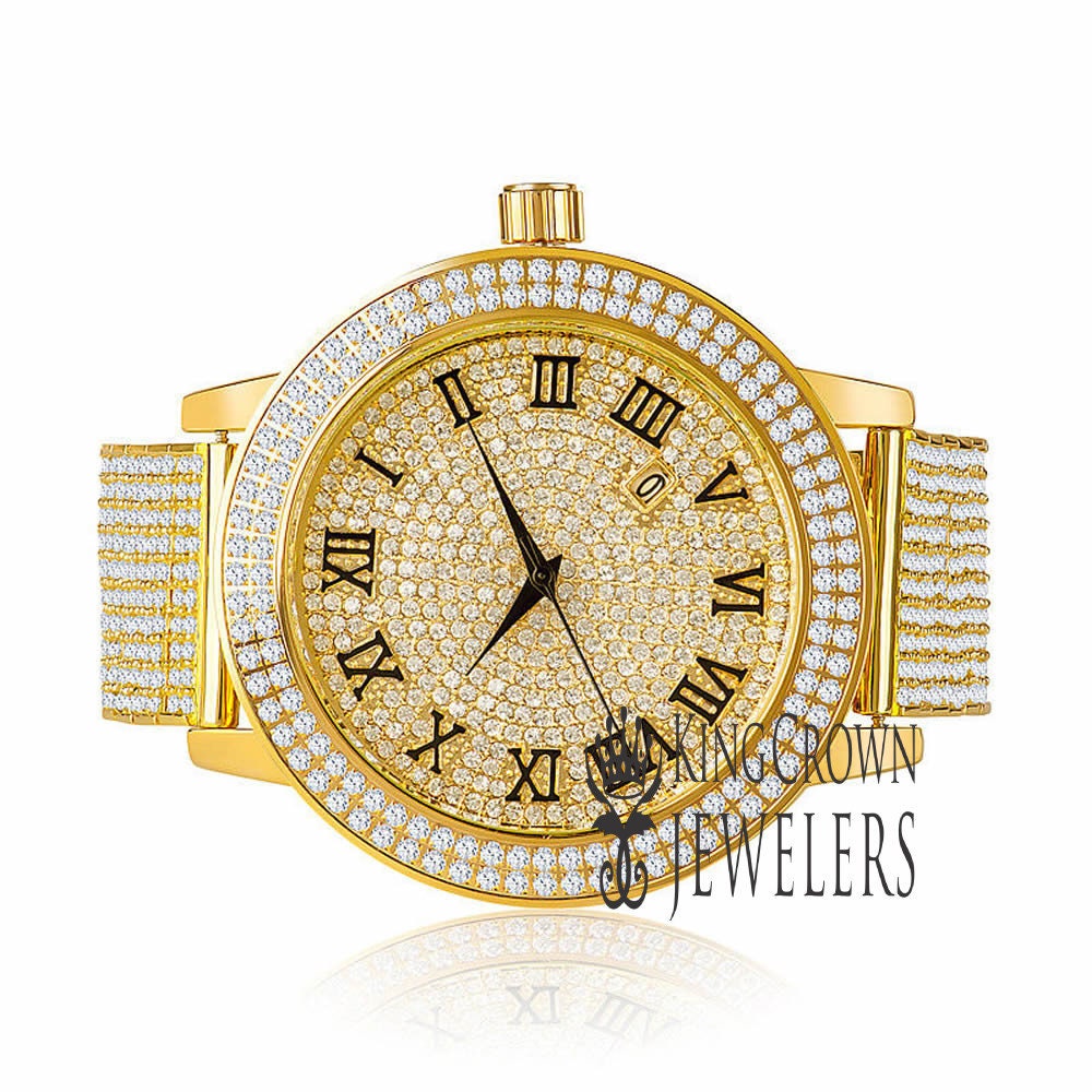 Roman Numeral Dail Mens Custom Watch JoJino/Joe Rodeo Yellow Gold Tone Simulated Diamond 10 Row Iced Out Band