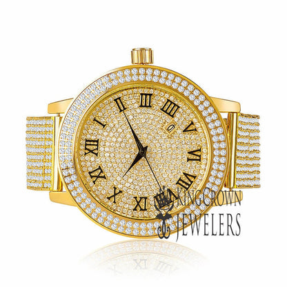 Roman Numeral Dail Mens Custom Watch JoJino/Joe Rodeo Yellow Gold Tone Simulated Diamond 10 Row Iced Out Band