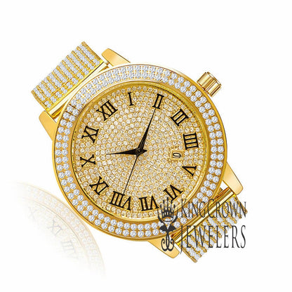 Roman Numeral Dail Mens Custom Watch JoJino/Joe Rodeo Yellow Gold Tone Simulated Diamond 10 Row Iced Out Band
