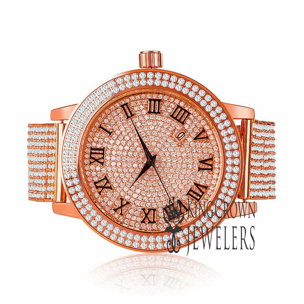 Roman Numeral Dail Mens Custom Watch JoJino/Joe Rodeo Rose Gold Tone Simulated Diamond 10 Row Iced Out Band