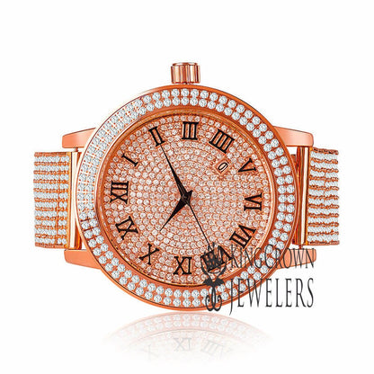 Roman Numeral Dail Mens Custom Watch JoJino/Joe Rodeo Rose Gold Tone Simulated Diamond 10 Row Iced Out Band