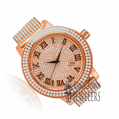 Roman Numeral Dail Mens Custom Watch JoJino/Joe Rodeo Rose Gold Tone Simulated Diamond 10 Row Iced Out Band