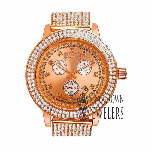 Rose Gold Tone Mens Jojino/Jojo/Joe Rodeo Real Diamond Dial Custom 2 Row Steel Bezel 10 Row Band Watch W/Date