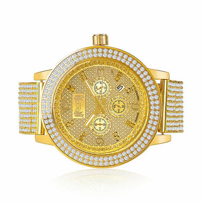Solid Stainless Steel Bezel Yellow Gold Tone Genuine Diamond Dial Khronos Joe Rodeo Custom Band Mens Watch
