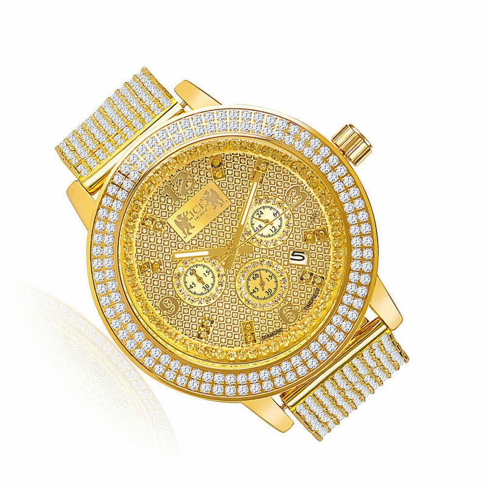 Solid Stainless Steel Bezel Yellow Gold Tone Genuine Diamond Dial Khronos Joe Rodeo Custom Band Mens Watch