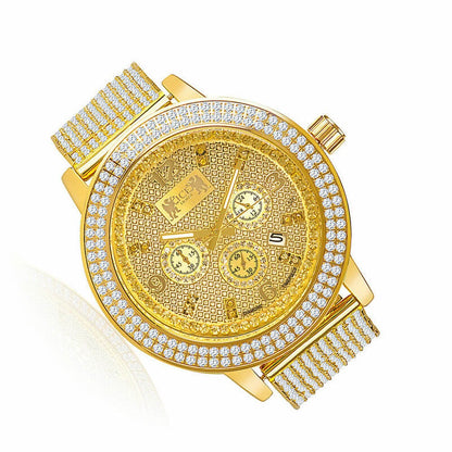 Solid Stainless Steel Bezel Yellow Gold Tone Genuine Diamond Dial Khronos Joe Rodeo Custom Band Mens Watch