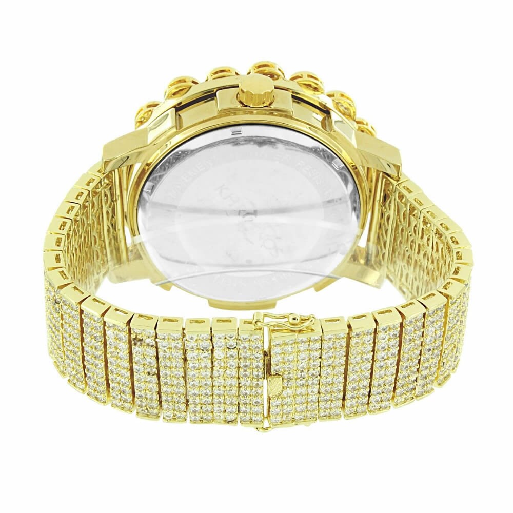 Solid Stainless Steel Bezel Yellow Gold Tone Genuine Diamond Dial Khronos Joe Rodeo Custom Band Mens Watch