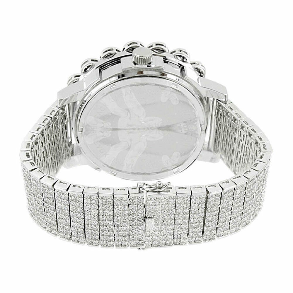 Solid Stainless Steel Bezel White Gold Tone Genuine Diamond Dial Khronos Joe Rodeo Custom Band Mens Watch