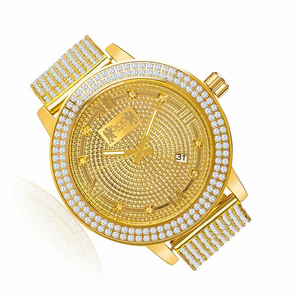 Roman Face Solid Stainless Steel Bezel Yellow Gold Tone Real Diamond Dial Khronos Joe Rodeo Custom Band Mens Watch